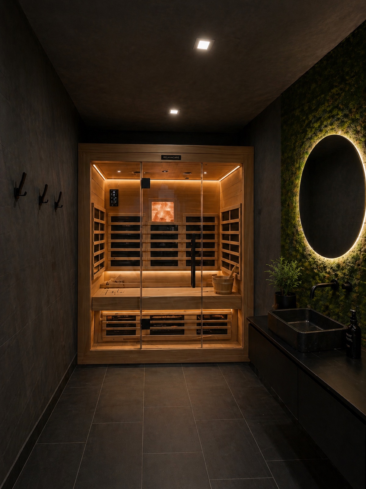 The Well Haus Collective infrared sauna - warm cedar interior with red light, Himalayan salt panel, and a moss feature wall in the surrounding room.