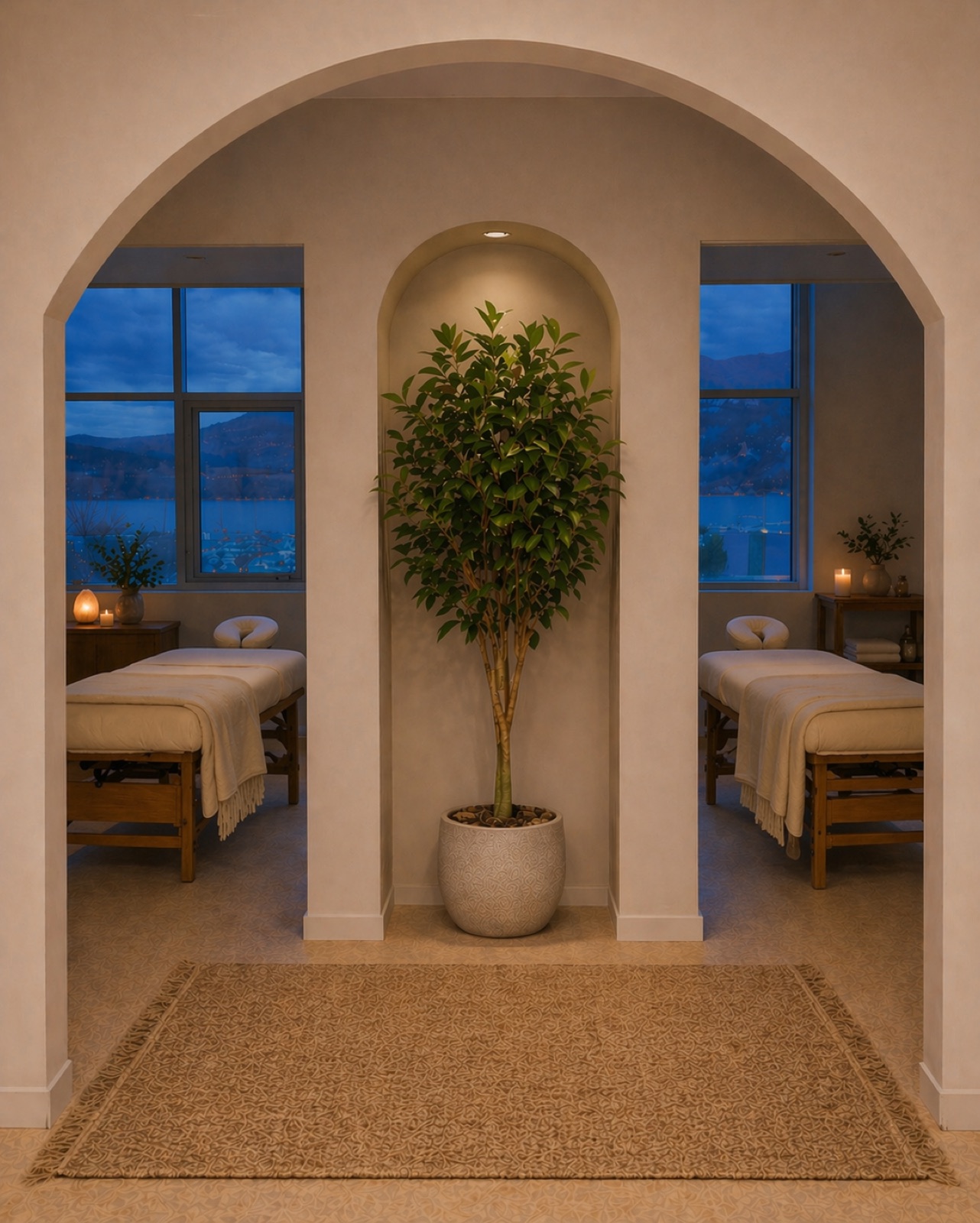 The Well Haus Collective treatment rooms - arched doorways framing two massage tables in soft evening light, with views over Okanagan Lake.